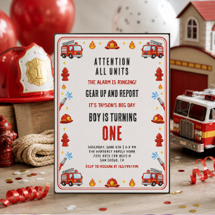 Red and White Firetruck 1st Birthday Party Invitation