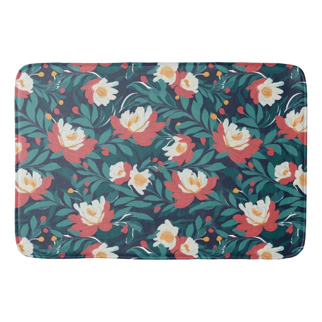 Red and White Floral Bath Mat (Front)