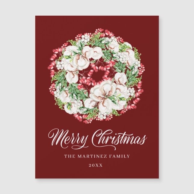 Red and White Floral Berry Christmas Magnetic Card (Front)