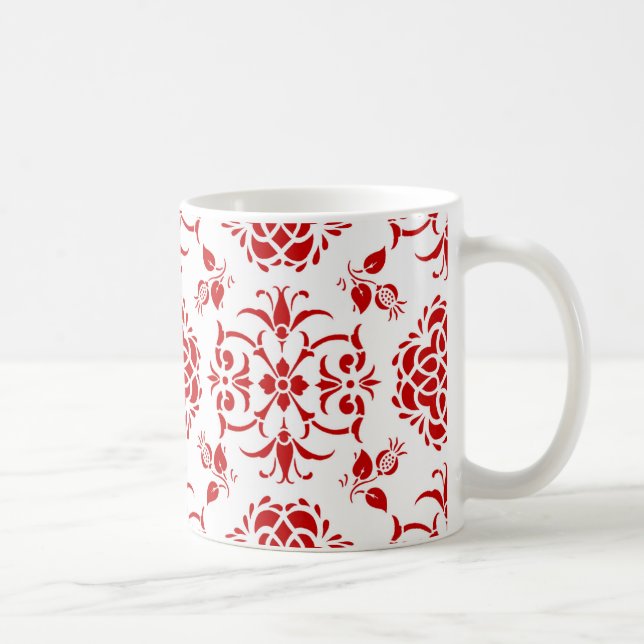 Red and White Floral Damask Style Pattern Coffee Mug (Right)