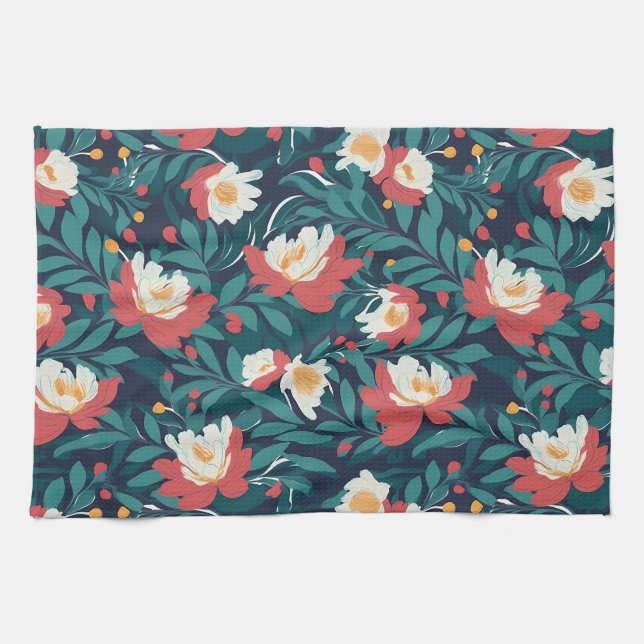 Red and White Floral Kitchen Towel (Horizontal)