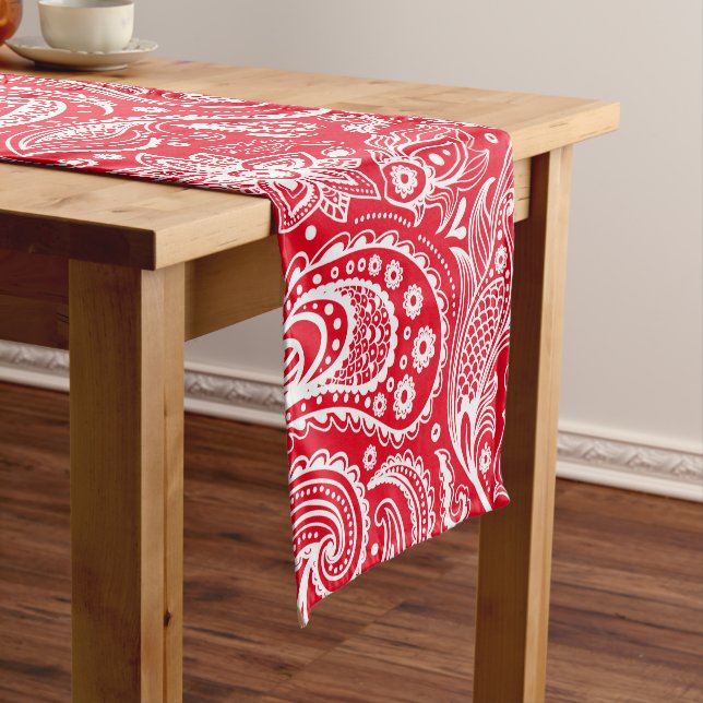 Red And White Floral Paisley Pattern Short Table Runner (In Situ)
