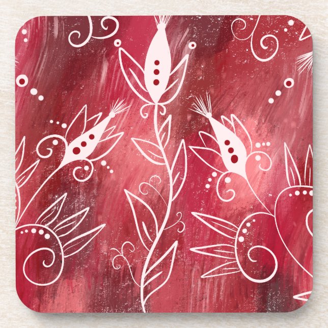 Red And White Floral Pattern Coaster (Front)