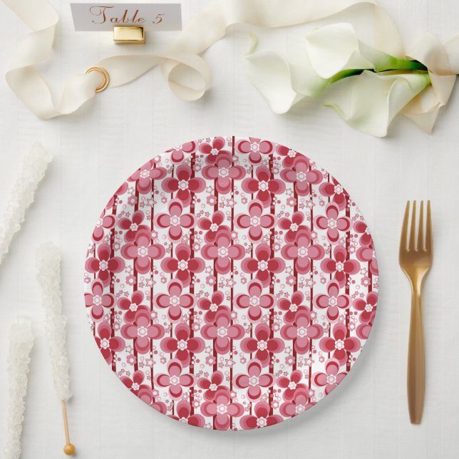 Red and white floral pattern paper plate (Wedding)
