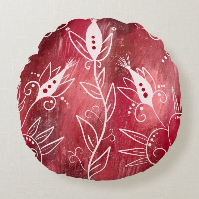 Red And White Floral Pattern Round Pillow (Front)