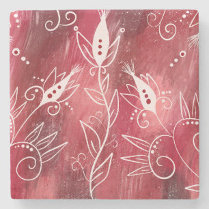 Red And White Floral Pattern Stone Coaster