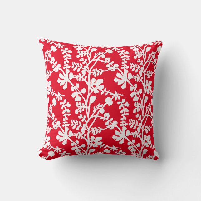 Red And White Floral Repeating Pattern Throw Pillow (Front)