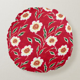 Red and White Floral Round Pillow