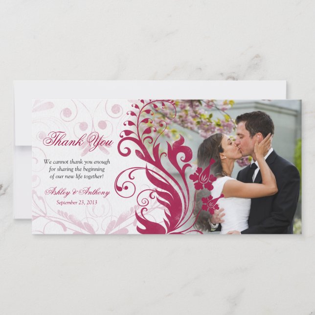 Red and White Floral Wedding Thank You Photocard (Front)