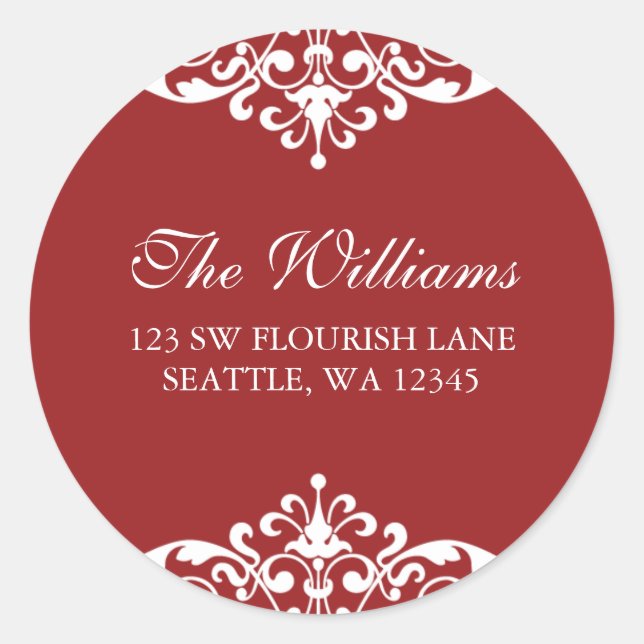 Red and White Flourish Scroll Address Label (Front)