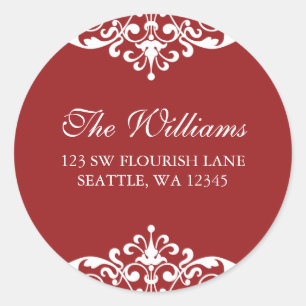 Red and White Flourish Scroll Address Label