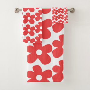 Red and White Flower Boho Retro Spring & Summer Bath Towel Set