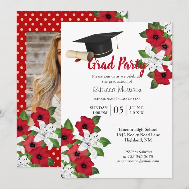 Red and White Flower 🎓 Graduation Invitation (Front/Back)