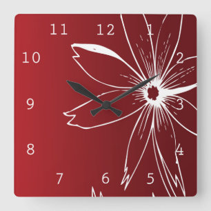 Red and White Flower Square Wall Clock
