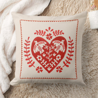 Red and White Folk Art Heart Throw Pillow