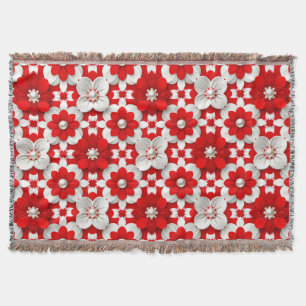 Red And White Garden Floral Pattern For Decor Throw Blanket