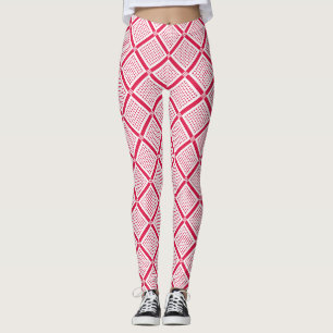 Red and white geometric checkered pattern retro leggings