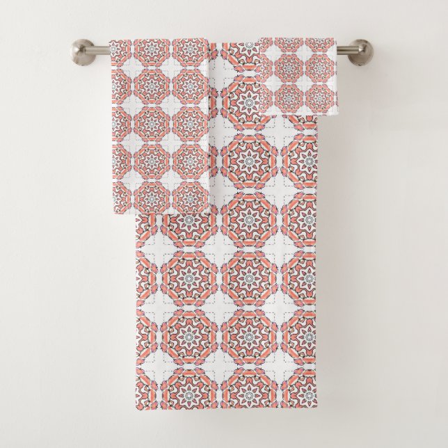 Red and white geometric patterned  bath towel set (Insitu)