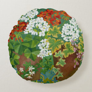 Red and white geraniums in pots 2013 round pillow