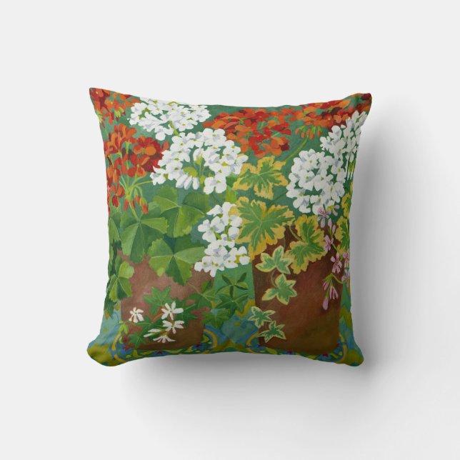 Red and white geraniums in pots 2013 throw pillow (Front)