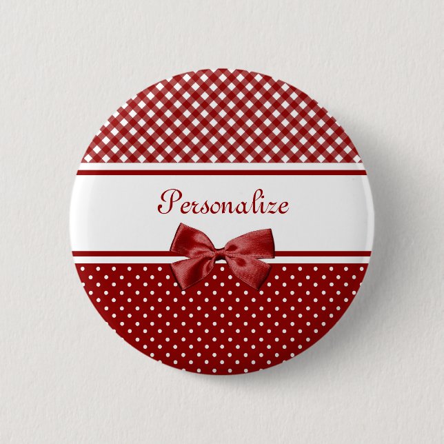Red and White Gingham and Polka Dots With Name 2 Inch Round Button (Front)