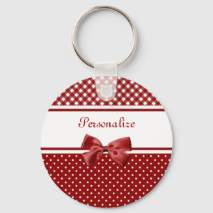 Red and White Gingham and Polka Dots With Name Keychain