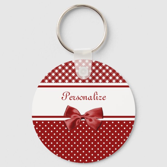 Red and White Gingham and Polka Dots With Name Keychain (Front)
