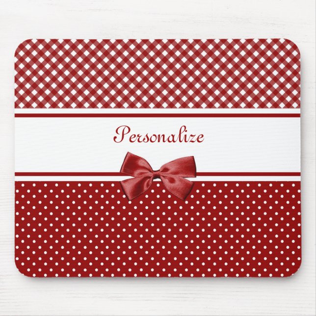 Red and White Gingham and Polka Dots With Name Mouse Pad (Front)
