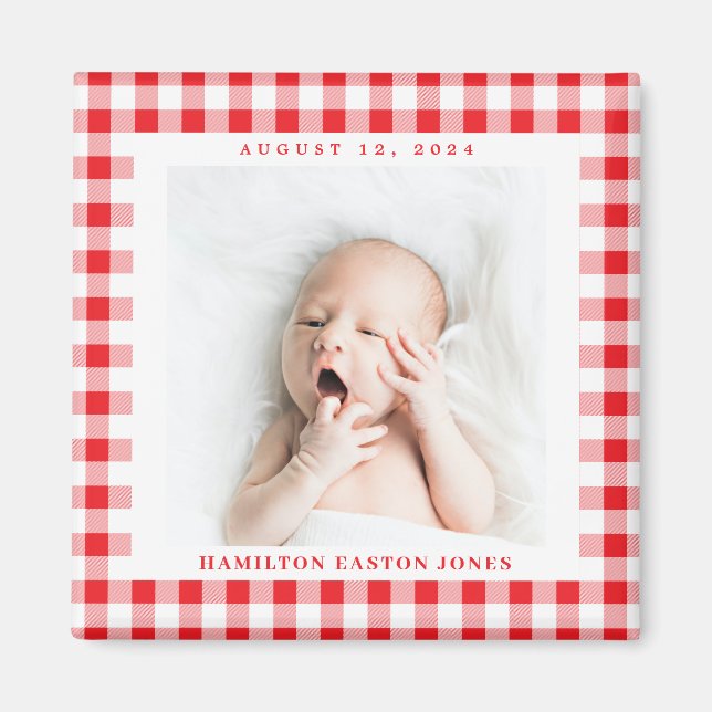 Red and White Gingham Check Baby Birthdate Magnet (Front)
