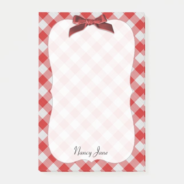 Red and White Gingham Check Pattern Personalized Post-it Notes (Front)