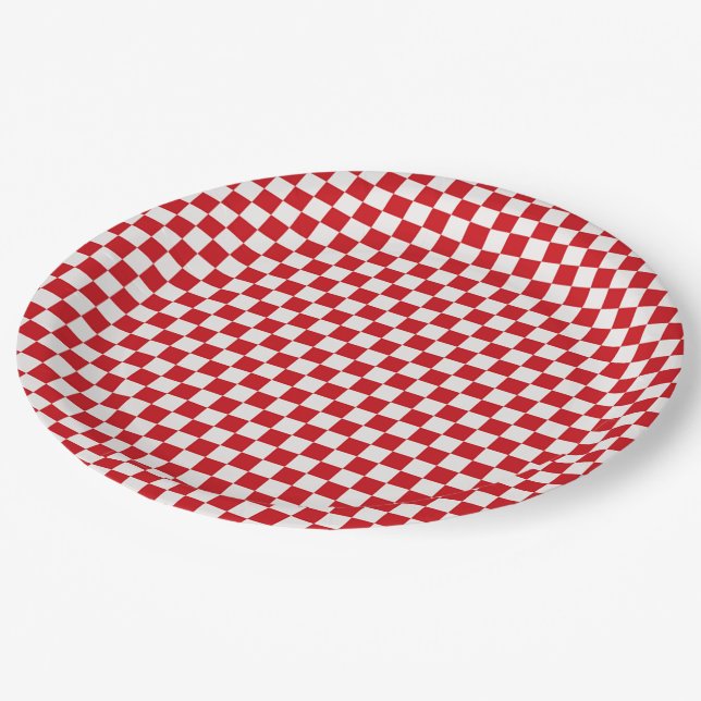 Red And White Gingham Chequered Paper Plate (Angled)