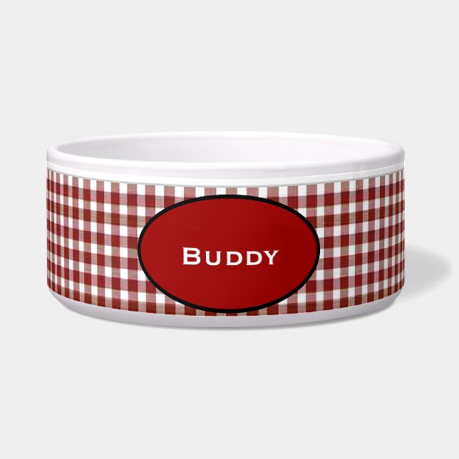 Red and White Gingham Custom Dog Bowl (Front)