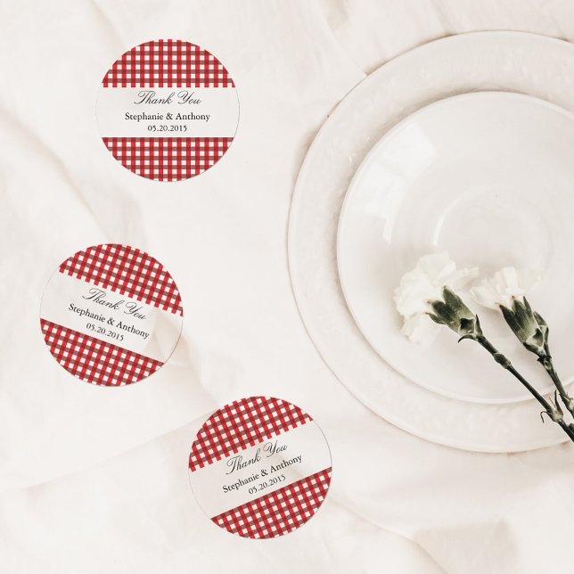 Red and White Gingham Pattern Barbeque Thank You Classic Round Sticker (Creator Uploaded)