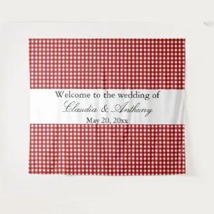 Red and White Gingham Pattern Barbeque Wedding Tapestry