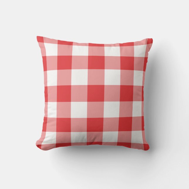 Red and White Gingham Pattern Chequered Outdoor Pillow (Front)