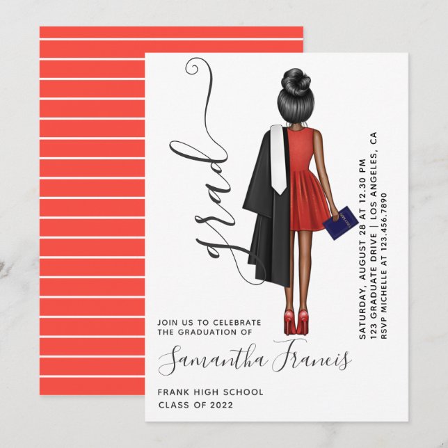 Red and White Girl Graduation Party Invitation (Front/Back)