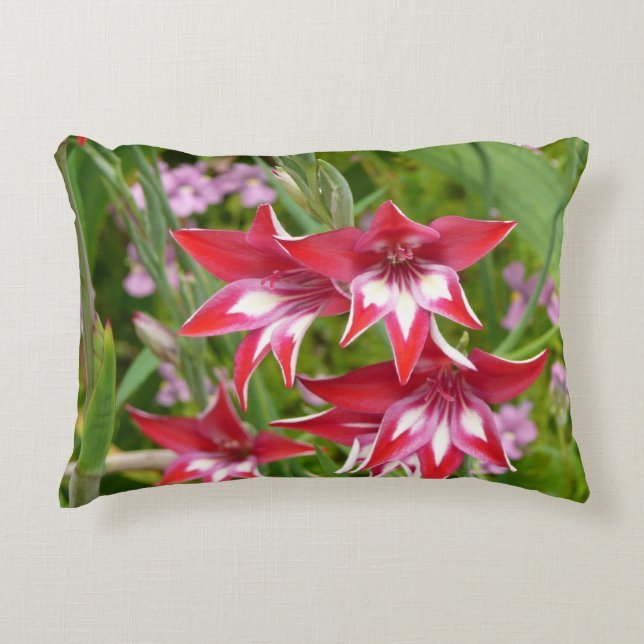 Red and White Gladiolas Summer Botanical Accent Pillow (Front)