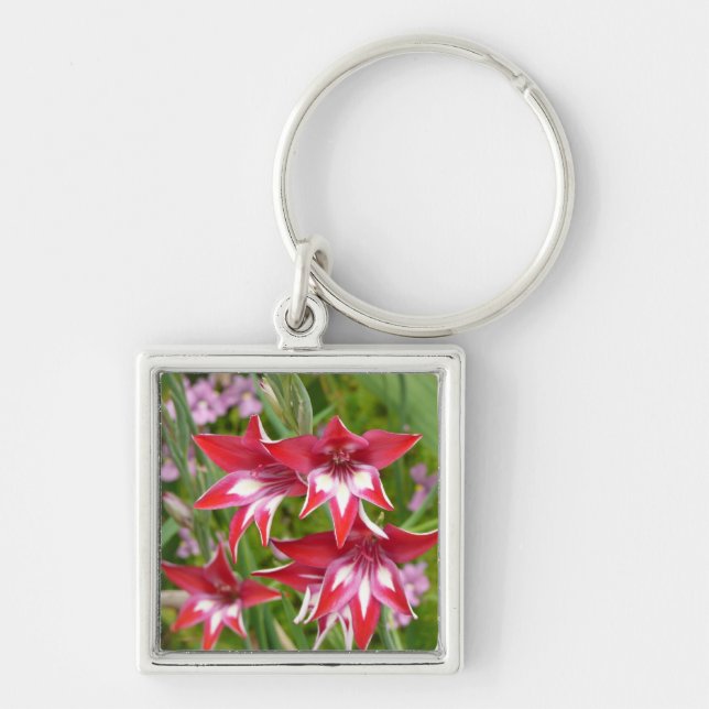 Red and White Gladiolas Summer Botanical Keychain (Front)