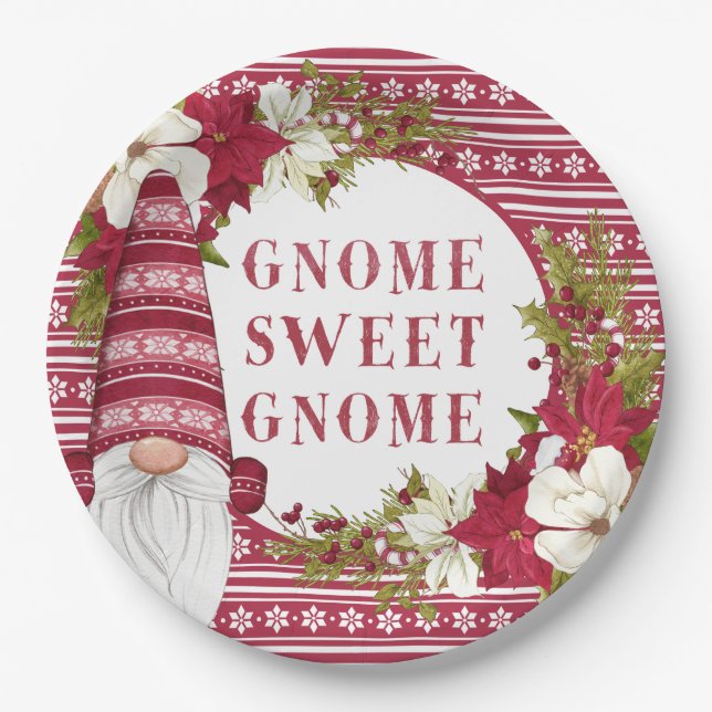 Red and White Gnome for the Holidays Christmas Paper Plate (Front)