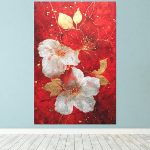 Red and White Gold Floral Abstract Wall Art
