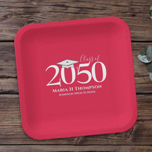 Red and White Graduation Hat Personalized Paper Plate (Creator Uploaded)