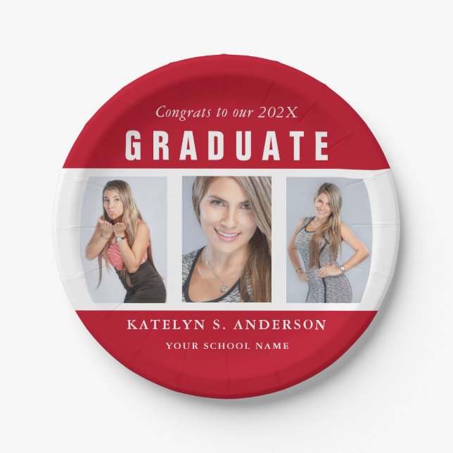 Red and White Graduation Photo Collage Custom Paper Plate (Front)