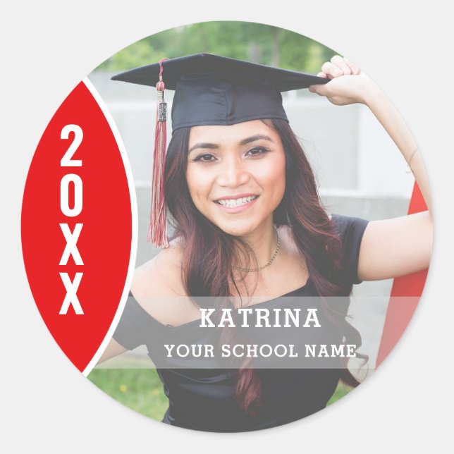 Red and White Graduation Photo Custom Classic Round Sticker (Front)