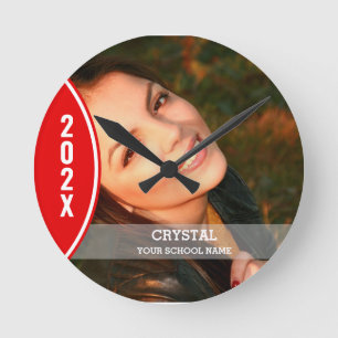 Red and White Graduation Photo Round Clock