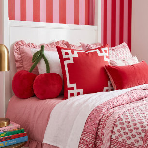 Red and White Greek Key Border Throw Pillow