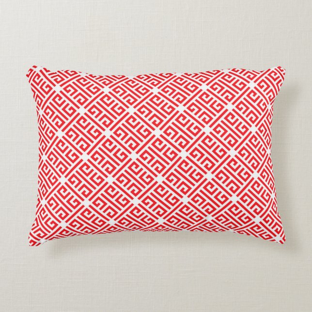 Red and white Greek Key Geometric Pattern Accent Pillow (Front)