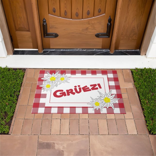 Red and White Gruezi Doormat with Edelweiss (Outdoor)