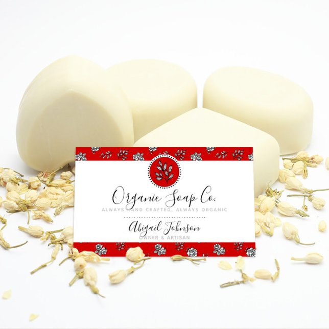 Red and White Hand-Drawn Roses and Leaves Artisan Business Card (Creator Uploaded)