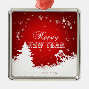 Red and White Happy New Year Typography Metal Ornament