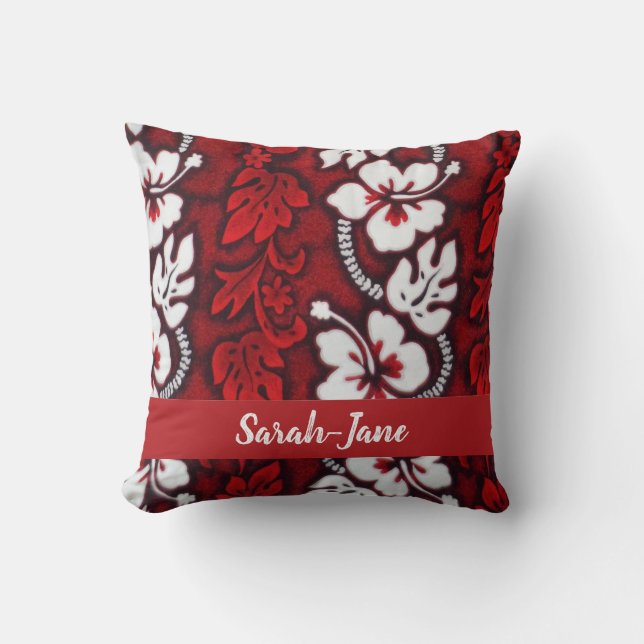 Red and White Hawaiian Hibiscus Tropical Floral Throw Pillow (Front)